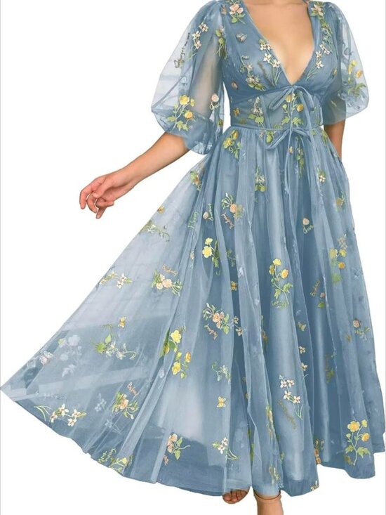Dresses & Skirts - NWOT Blue Floral Embroidered Tulle Maxi Dress Size 10